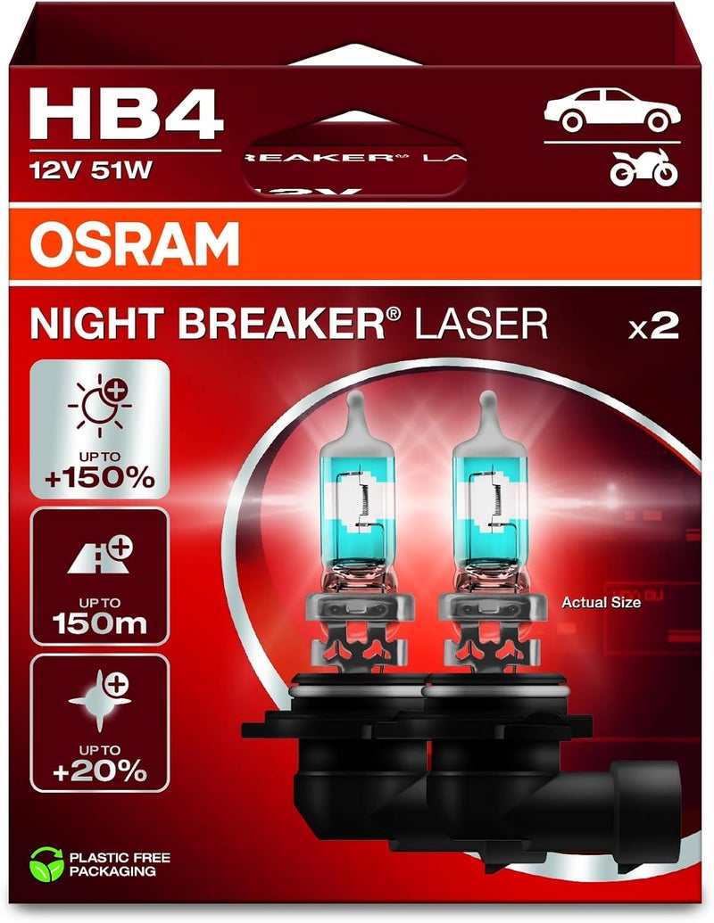 OSRAM نايت بريكر ليزر HB4، +150% سطوع أكثر، لمبة هالوجين للسيارة، 9006NL-2HB، 12 فولت، صندوق معلق (2 لمبات)، أبيض - Image 1
